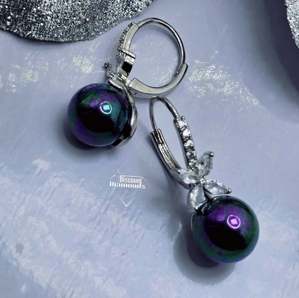 10mm Black Rainbow South Sea Shell Pearl & White Baguette Diamond Earrings 925 - Picture 9 of 12